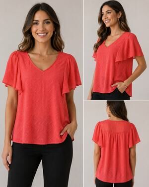 Zac Rachel Blouse Womens 1X Coral NWT Textured‎ Cape Sleeve V Neck